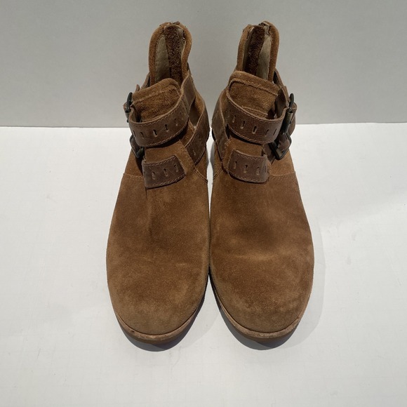 UGG Shoes - UGG Chestnut Suede Cutout Buckle Ankle Boots Brown Leather Straps Women 7